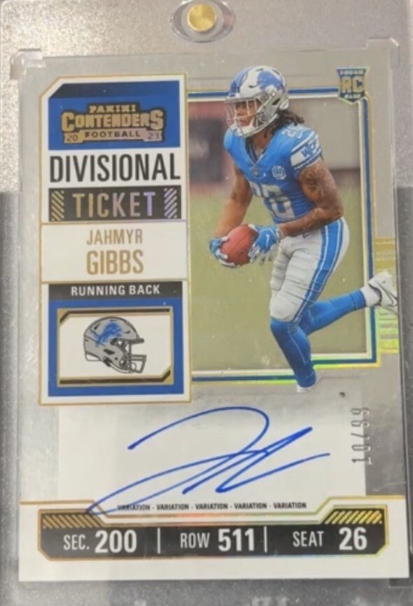 2023 Contenders - #112 Jahmyr Gibbs Divisional Ticket  #/99 On Card Autograph RC