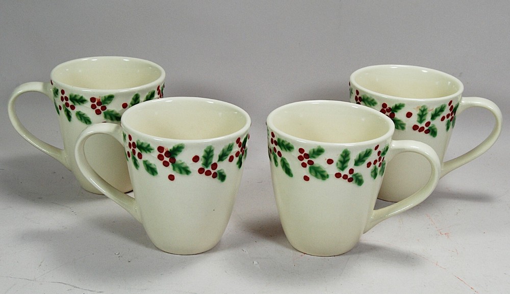 Sonoma Holly & Berries Cream Mugs Set of 4