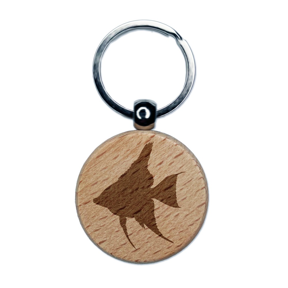 Freshwater Angelfish Fish Silhouette Engraved Wood Round Keychain Tag Charm