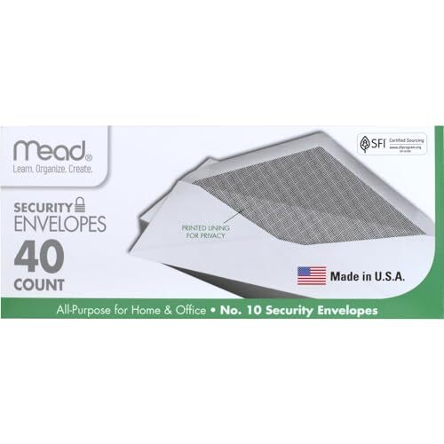 Mead #10 Envelopes, Security Printed Lining for Privacy, Gummed Closure, All-...