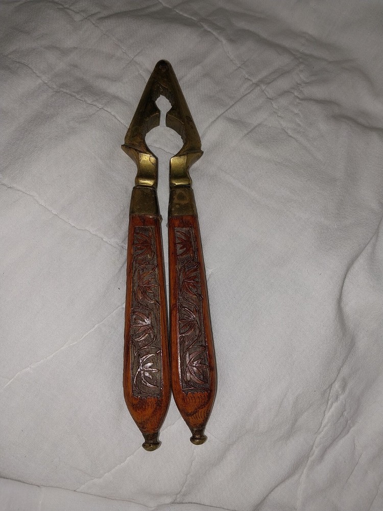Vintage Brass Hand Carved Wooden Handled Nut Cracker Made In India