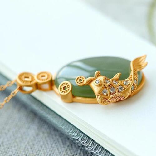 Natural Green Jade Carp Pendant Necklaces 925 Silver Jewelry Necklace Amulet