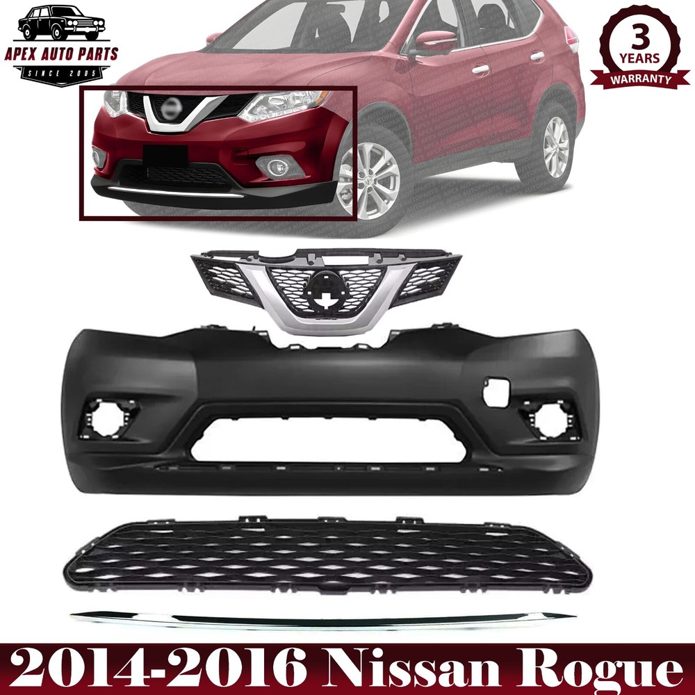 Front Bumper Cover Fascia & Grille Assembly Kit For 2014-2016 Nissan Rogue