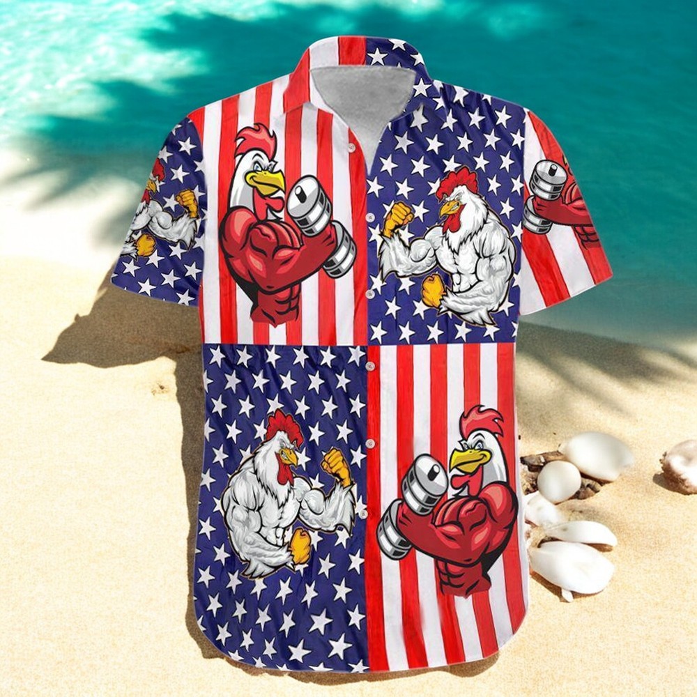 American Flag Rooster Fight Hawaiian Shirt Patriotic Design