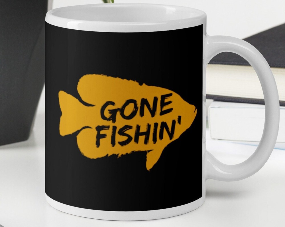Gone Fishin White Glossy Fishing Themed Coffee Tea Mug  