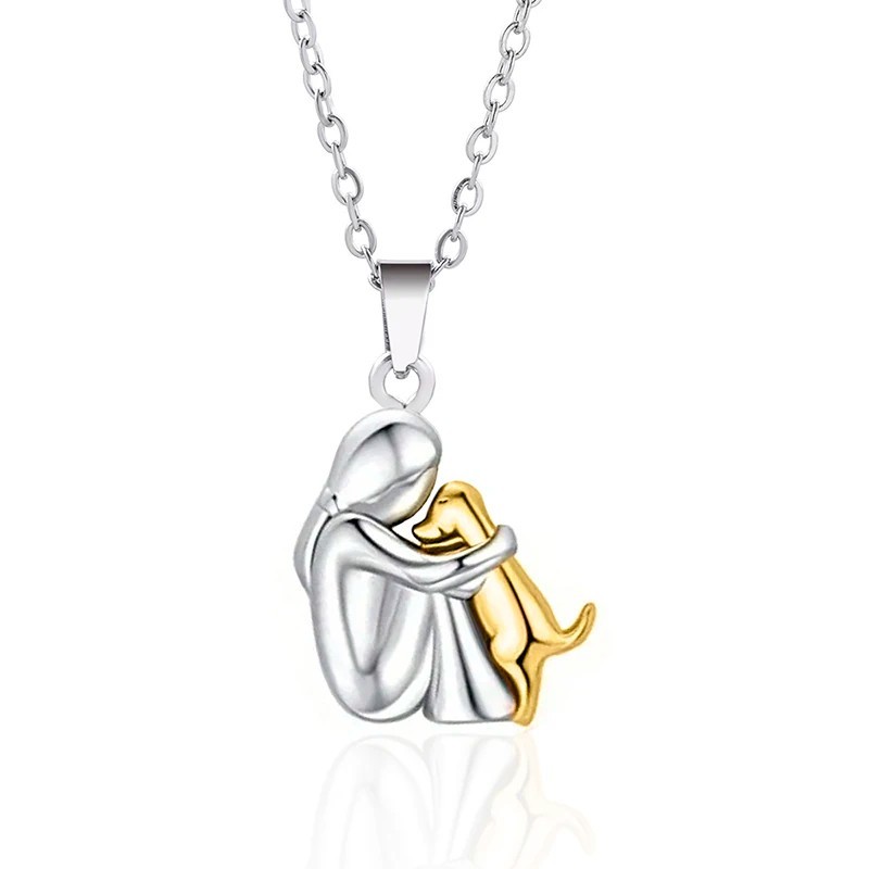 Pet Lover Necklace Pendant Woman Hugging Dog Gift Zinc Alloy Chain Jewelry