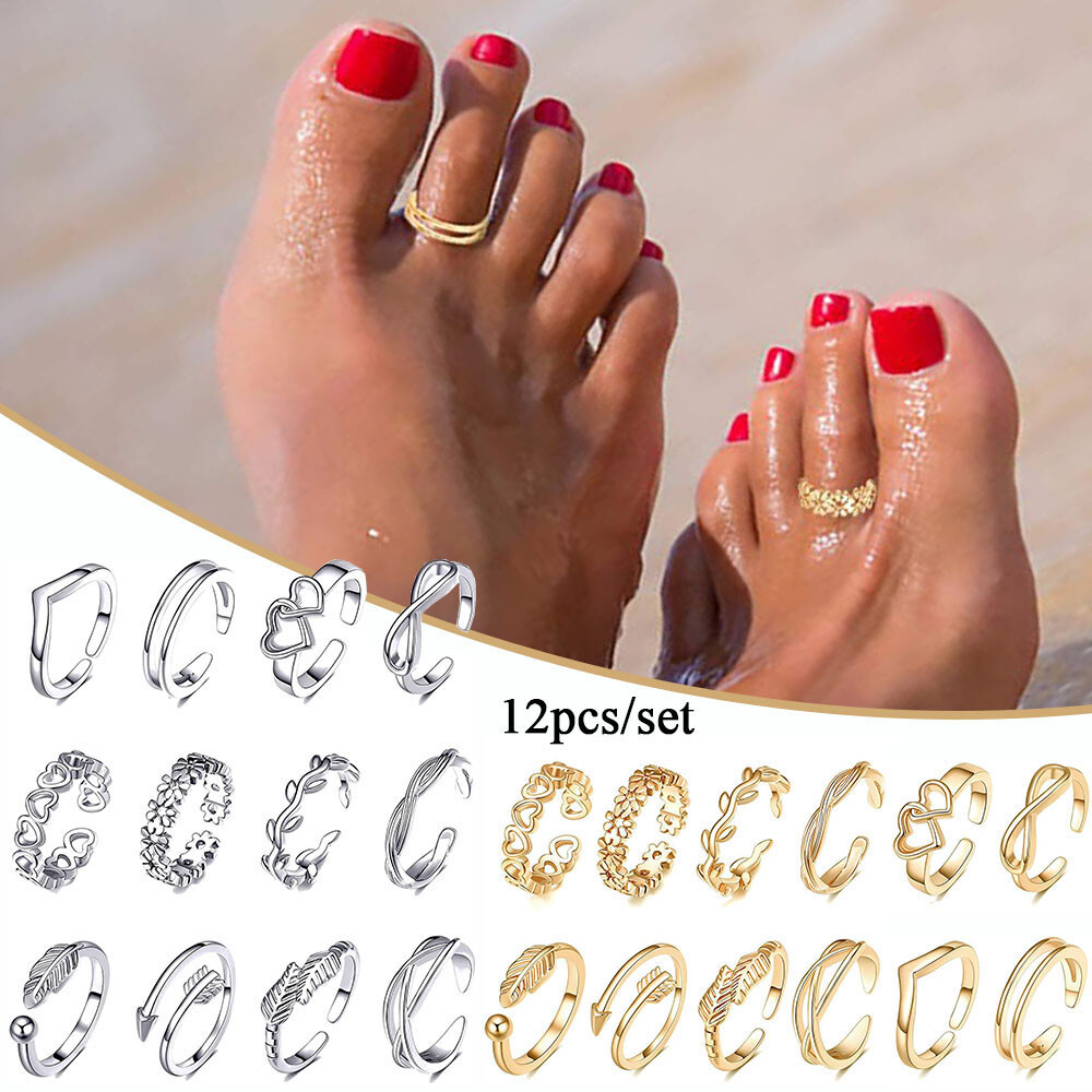 12Pcs Geometric Open Toe Rings Beach Jewelry Irregular Foot Ring Set