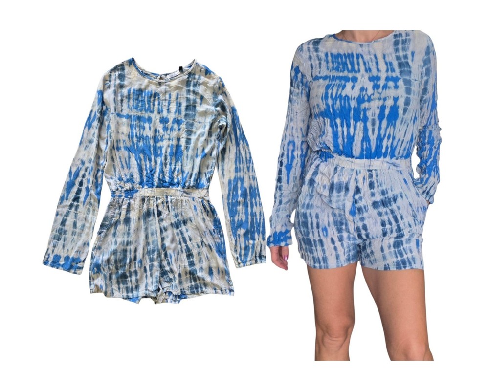Fighting Eel Ava Sky Honolulu Blue Tie Dye Romper S Tencel Boho Beach Resort