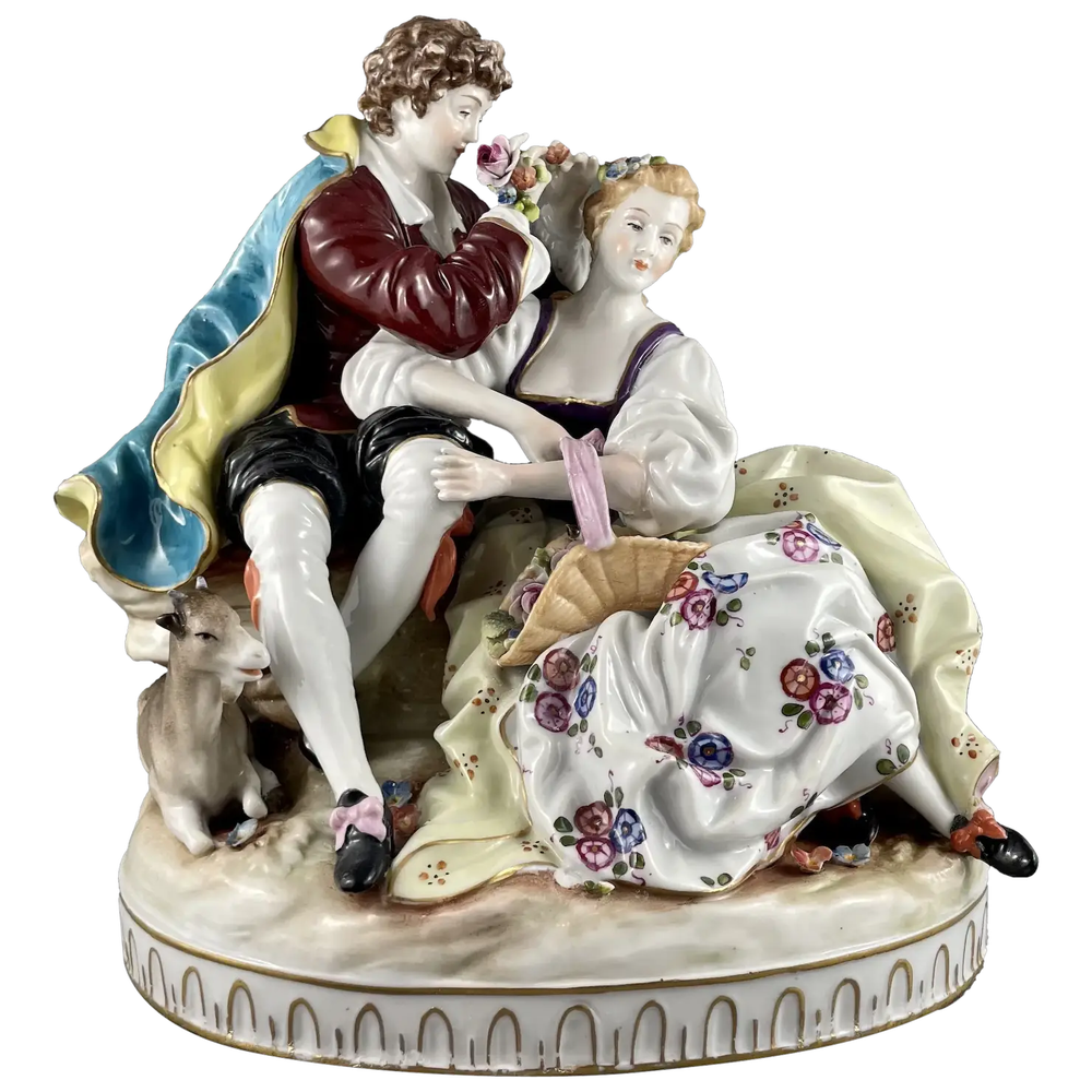 E. & A. Müller Porcelain Figurine,  Dresden Lace, Couple, 7.5” H
