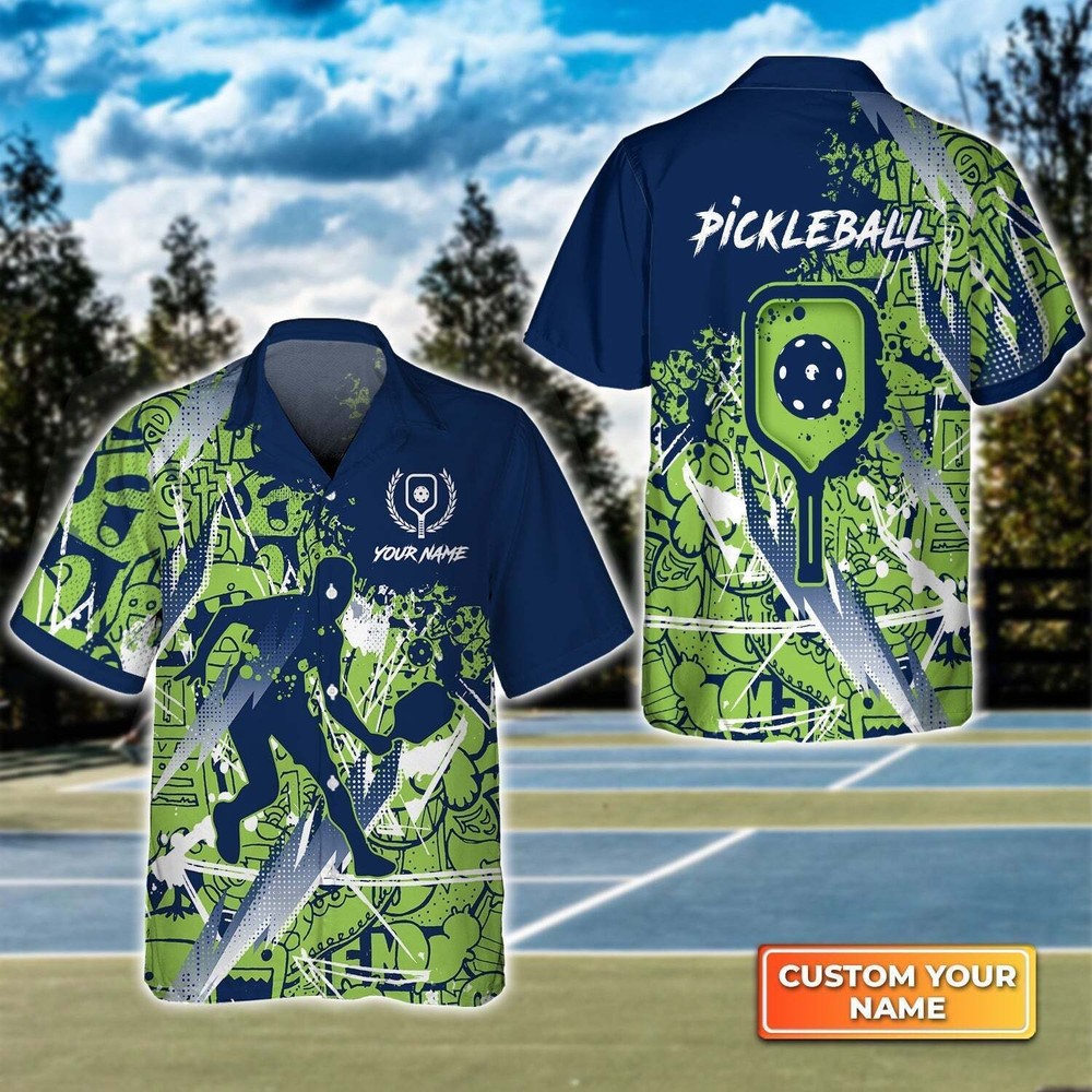 Pickleball Scritch Man Green Blue Pattern Personalized Name 3D Hawaiian Shirt