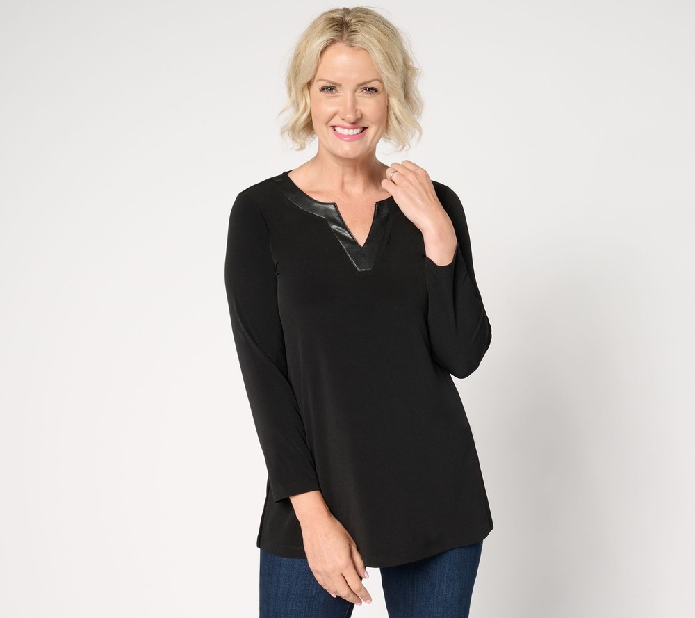 Susan Graver Women's Top Petite PXL Liquid Knit A-Line Tunic w Faux Black