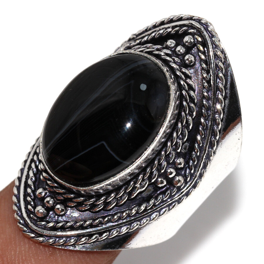 925 Silver Black Onyx Ethnic Band Ring - US Size 10.5 - JW