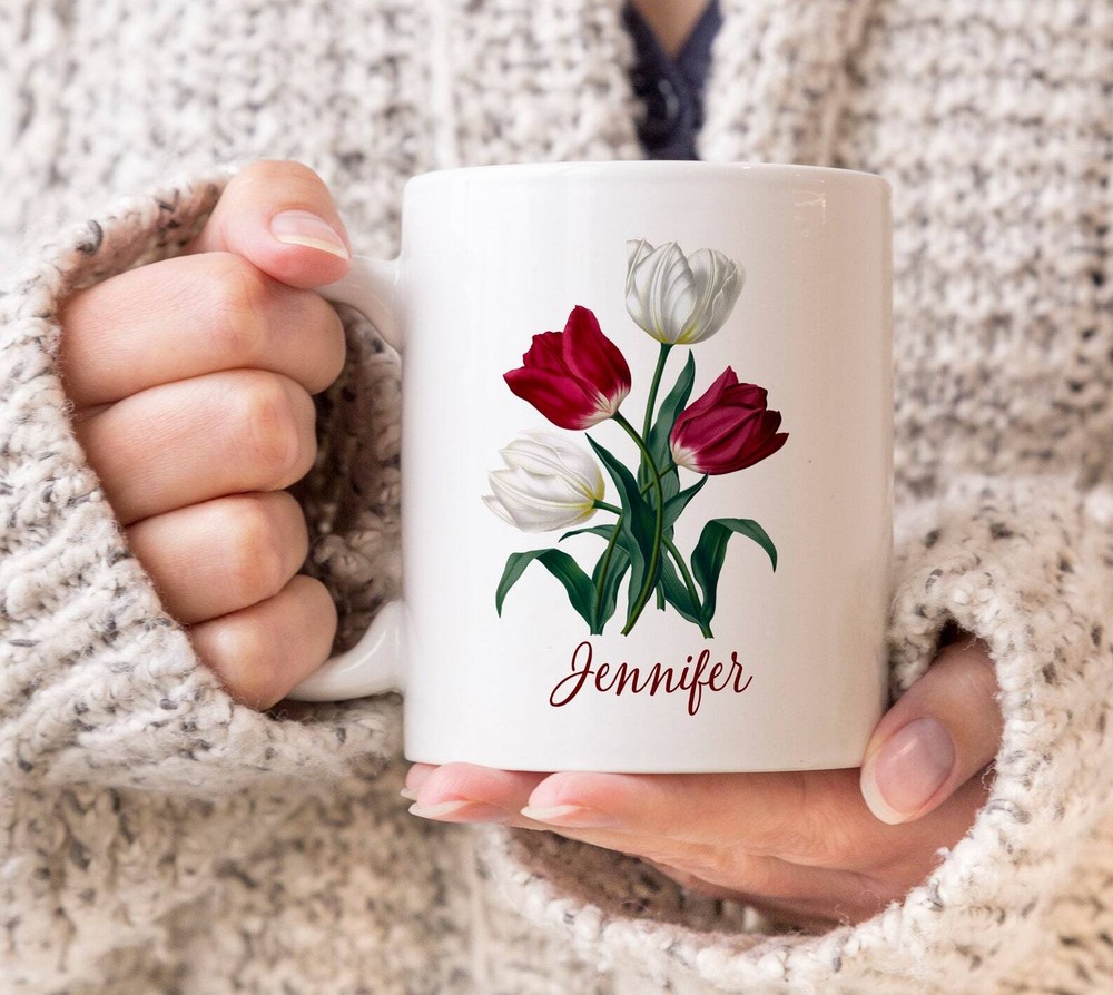 Red And White Tulips Personalized Mug Pretty Spring Flowers Gift For Her Friend