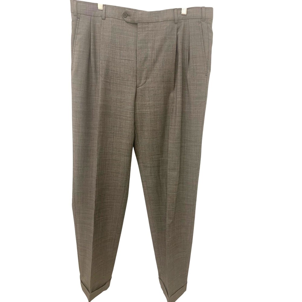 Kirkland Signature 100% Wool Pants 38 x32 Gray Checked Pleated Cuffed Italy Mens