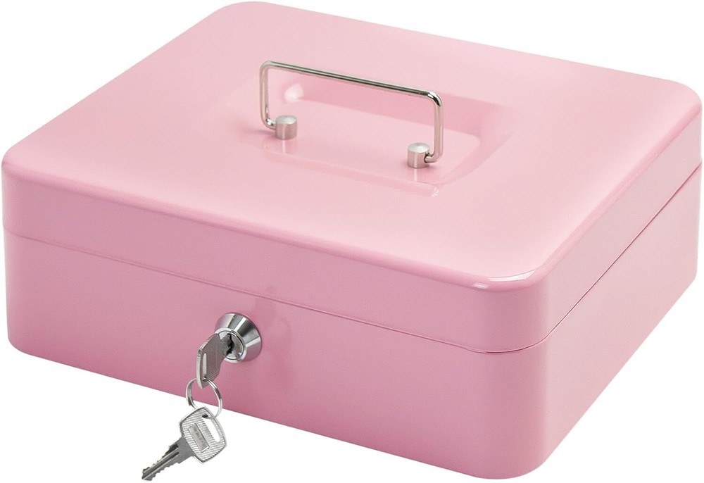 Steel Cash Box with Key Lock, Metal Small Money Pink - 9.8