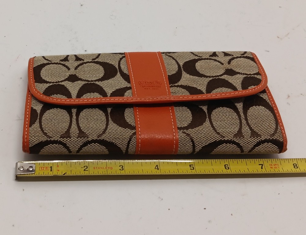 Vintage Coach Orange Logo Canvas Tri-fold ID Wallet with Snap Closure
