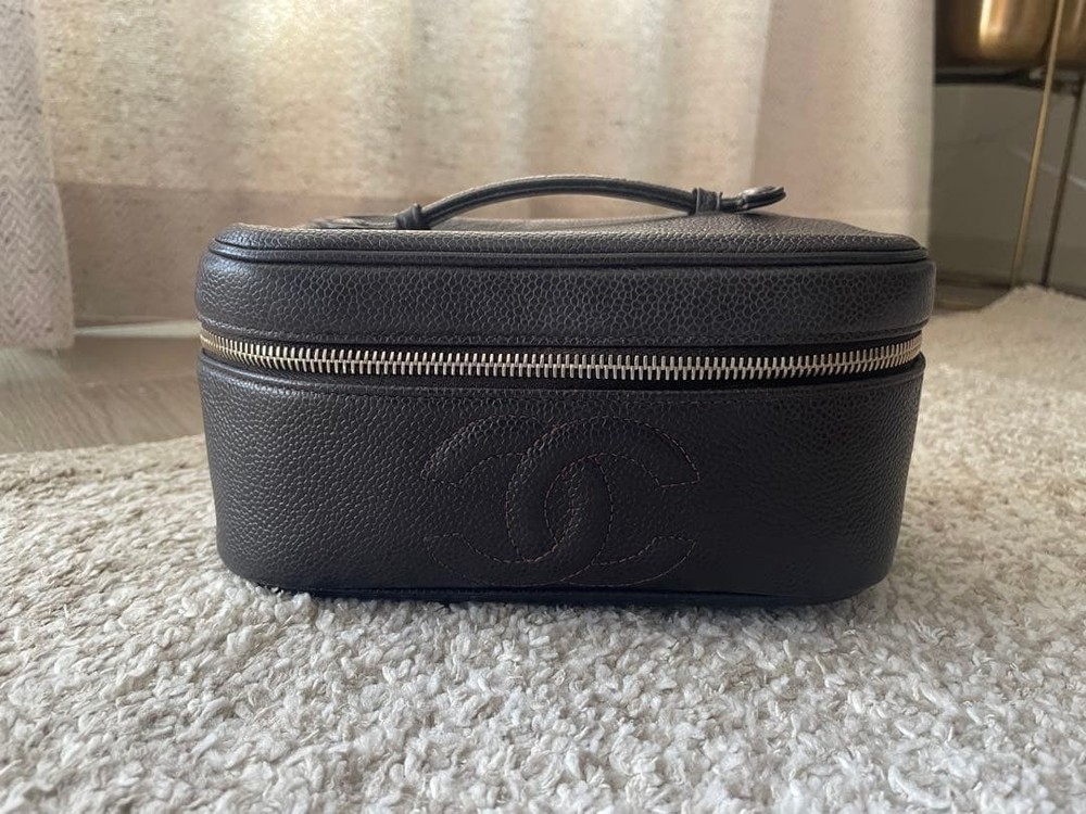 CHANEL Caviar Skin Vertical Vanity Bag Handbag Coco Mark BK black makeup pouch