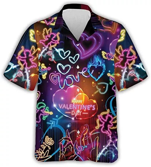 Cute Cupid Heart Neon Lights Happy Valentine's Day 3D HAWAII SHIRT Best Price-image