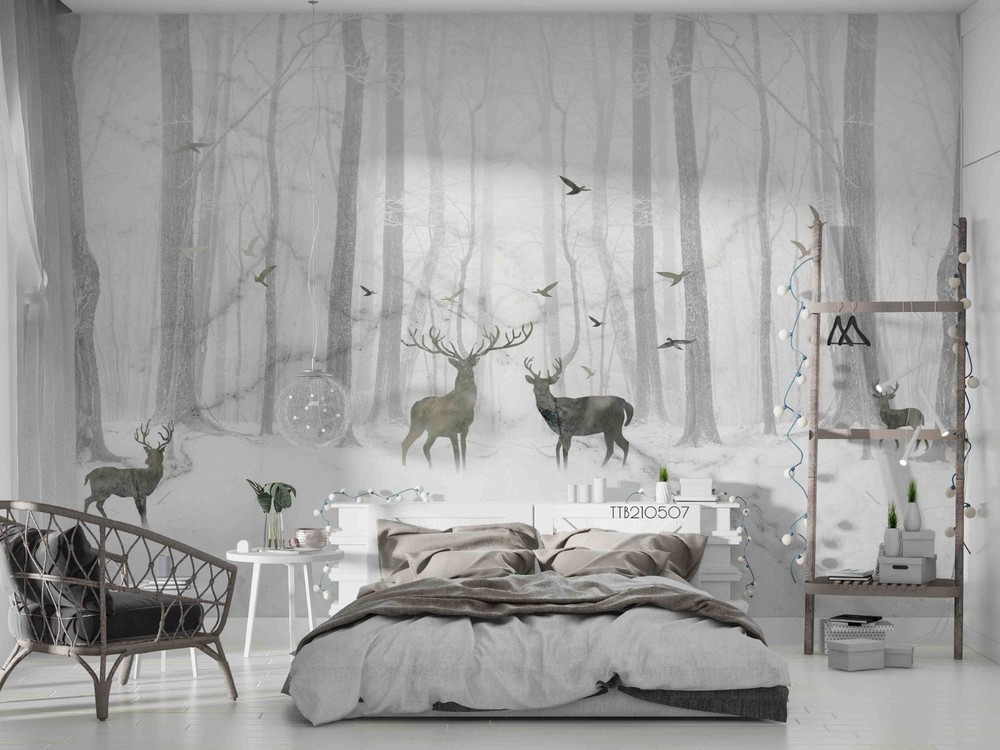 3D Forest Deer Winter Landscape Wall Murals Wallpaper Murals Wall Sticker