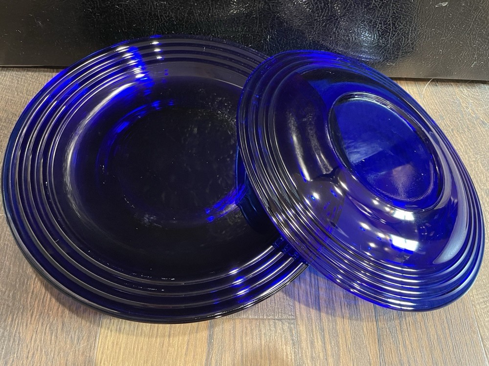 4 Cobalt Blue GLASS Dinner Plates RIBBED Bormioli Rocco FORUM SAPHIR 10 3/8