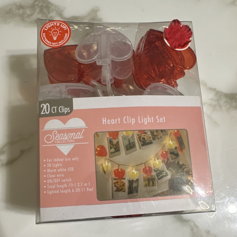 Seasonal Collection Heart Clip LED Garland 20 Lights Red Clear Battery Indoor-image