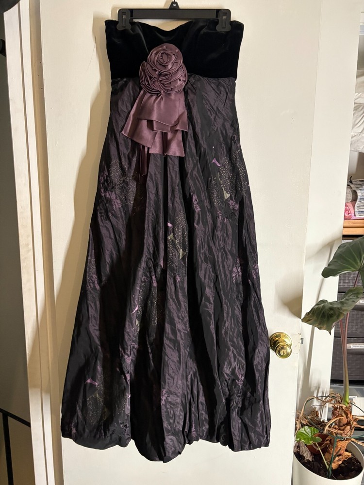 Vintage Y2K 90s EveningGown Prom Dress Strapless Black Purple Bow Bubble Empire