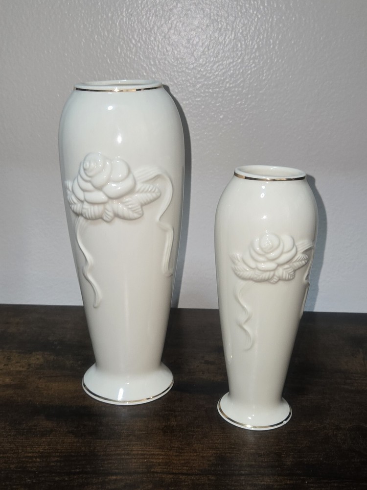 Lenox Ivory Embossed Roses and Ribbons Gold Trim Bud Vase Set