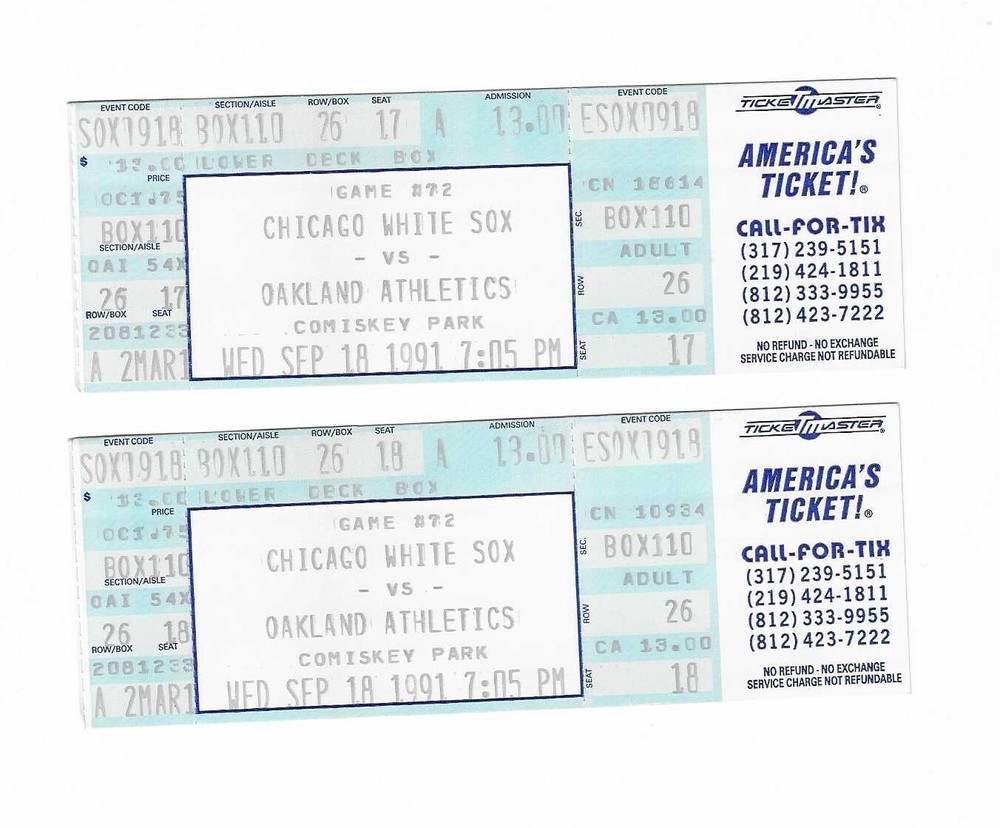 Chicago White Sox vs Oakland A's unused Baseball Tickets from 9/18/1991