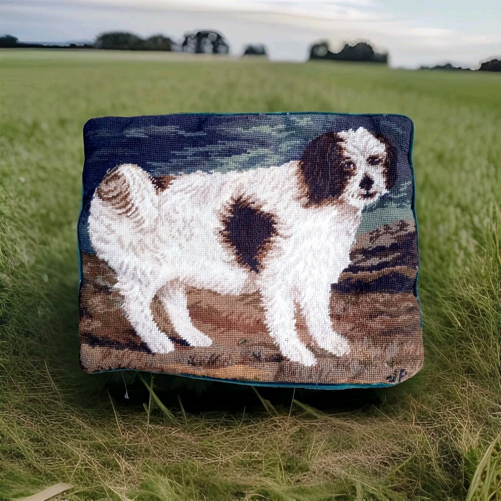 Vintage Needlepoint Spaniel Dog Pillow with Green Felt Back Brown White Animal Design