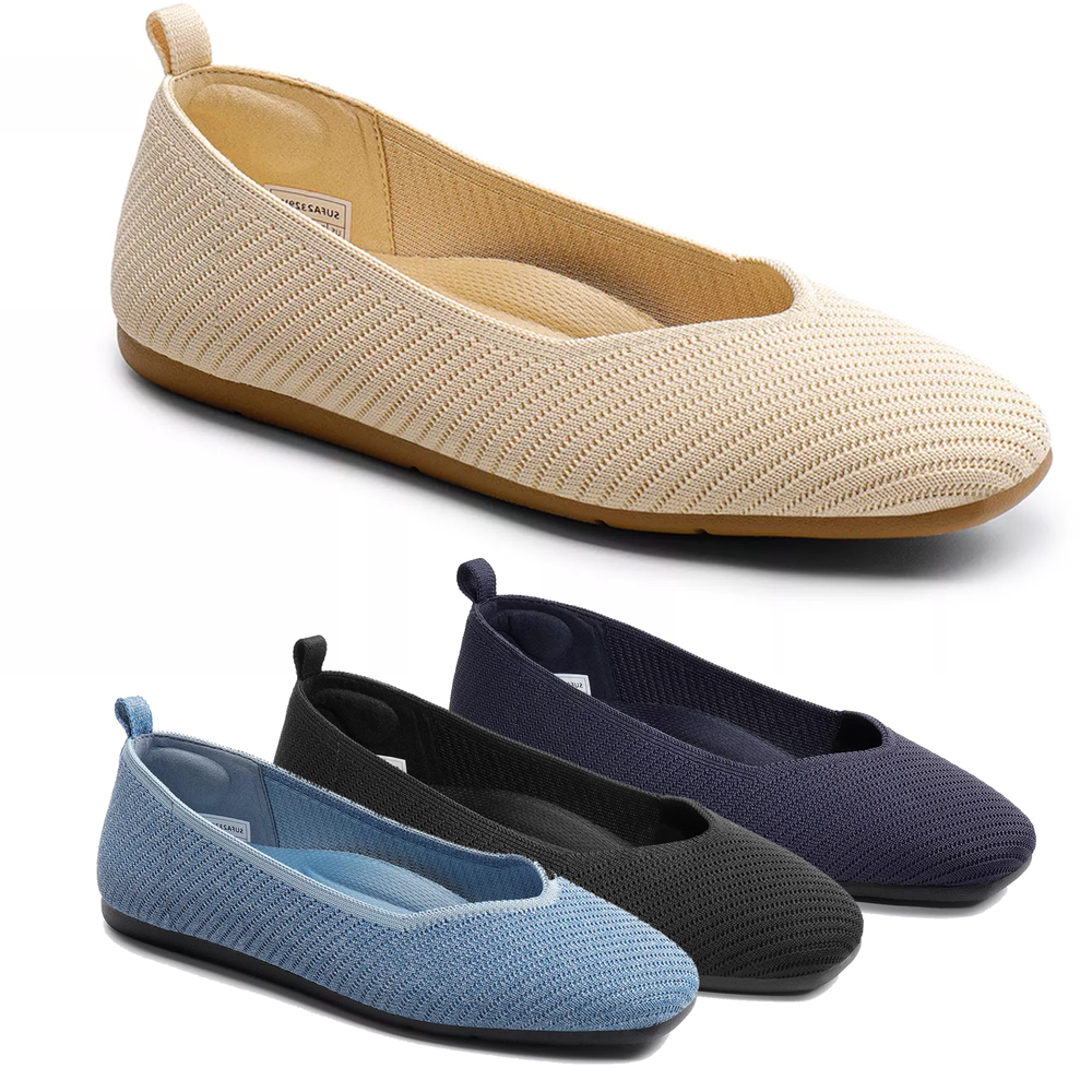 Women Knit Breathable Flat Shoes Square Toe Lightweight Slip On Flat Shoes