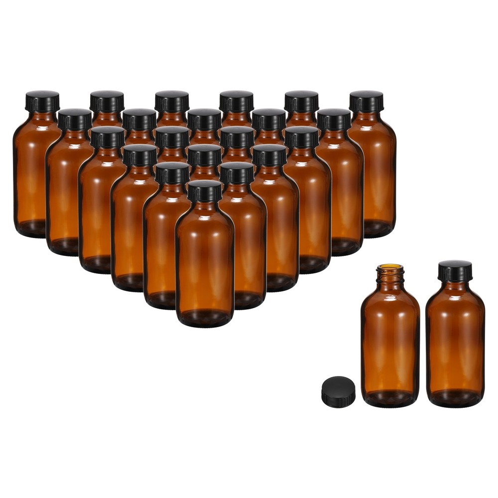4oz(120ml) Glass Dispensing Bottle w Black Poly Cone Cap, 24Pcs, Amber