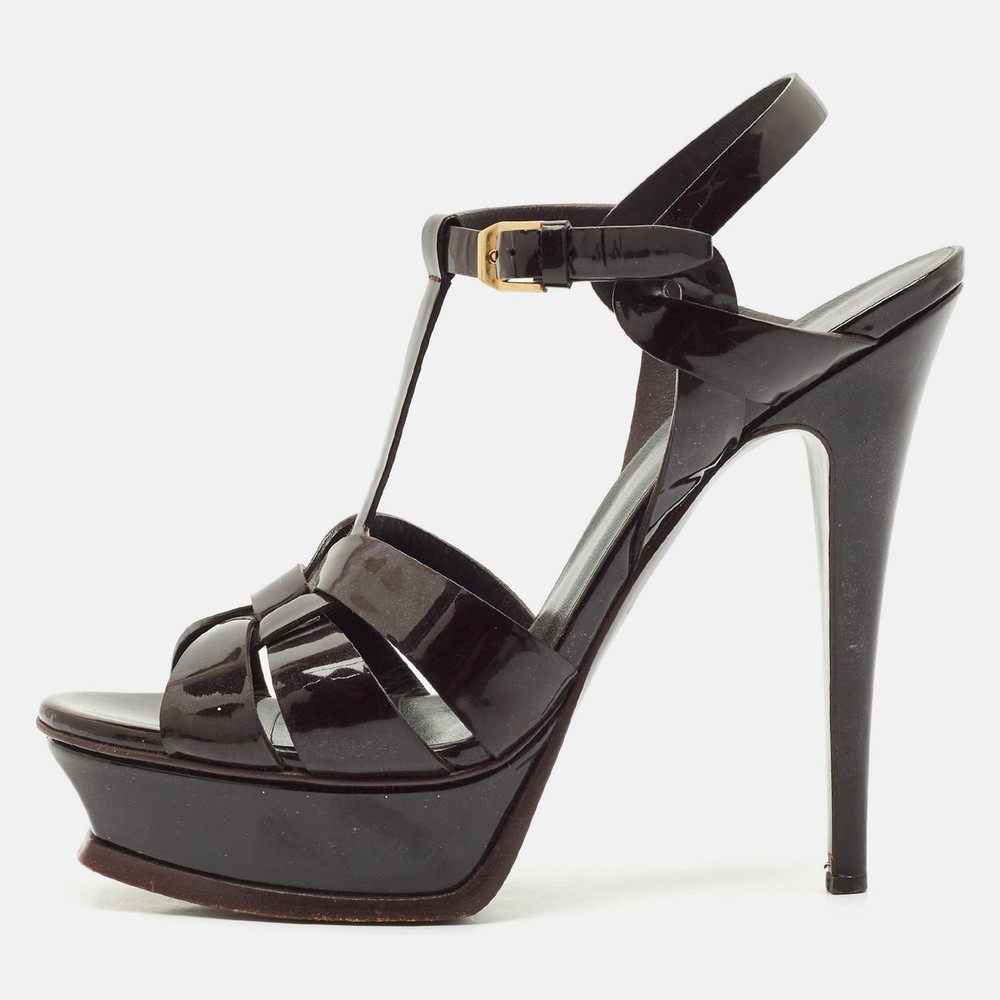 Yves Saint Laurent Burgundy Patent Leather Tribute Platform Sandals Size 38