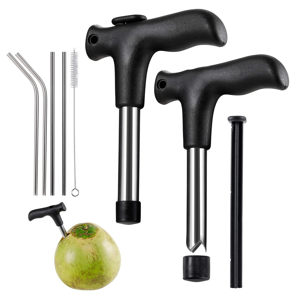 2 Pack Coconut Opener Tool with 4 Reusable Straws and Brush, Easy & Convenien...