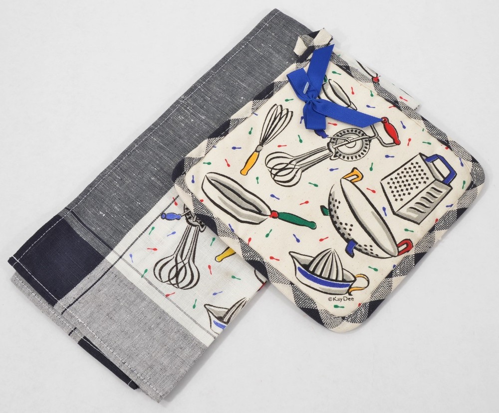 KAY DEE Black White KITCHEN GADGETS Egg Beater LINEN Cotton TEA TOWEL Potholder