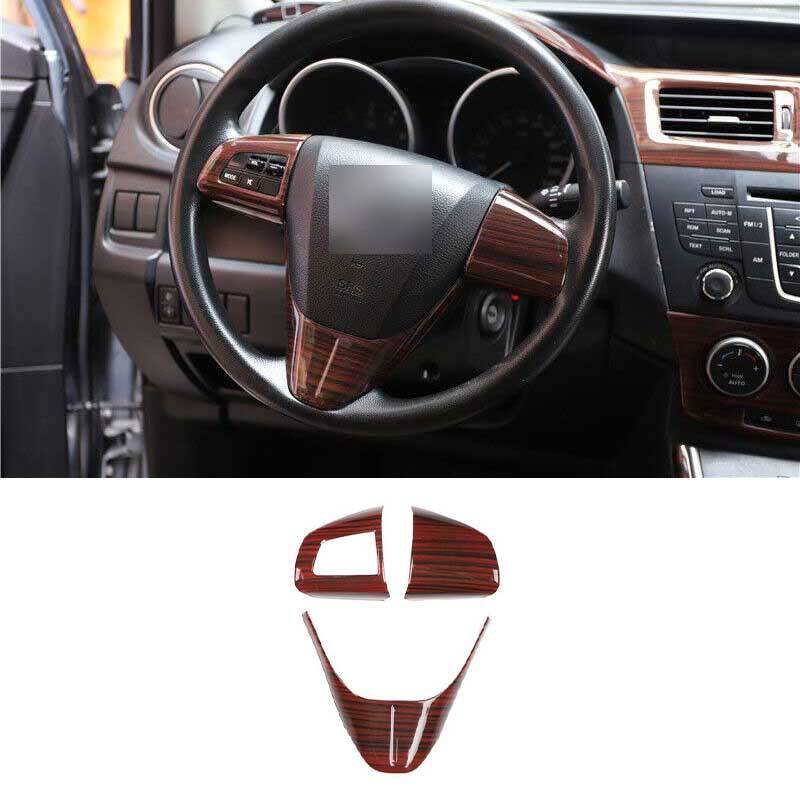 Glossy Wood Grain Steering Wheel Control Cover Trim 3PCS For Mazda 5 2011-2015