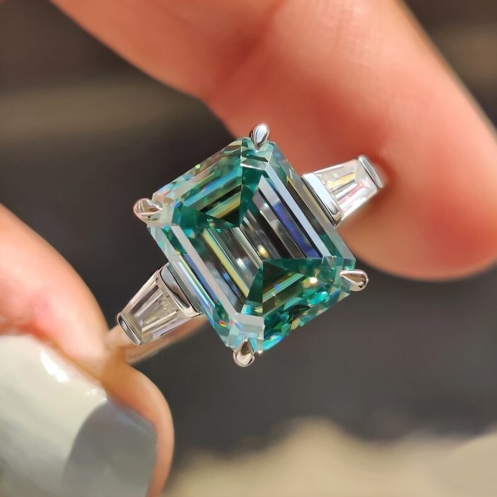 7.30 Ct. Blue Emerald Cut Treated Diamond Ring Certified 925 Silver Elegant