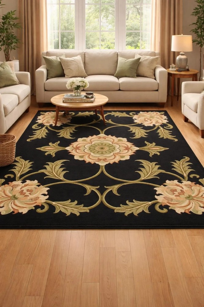 Hand-Tufted Wool Floral Rug, Black Base Botanical Medallion Carpet, Classic
