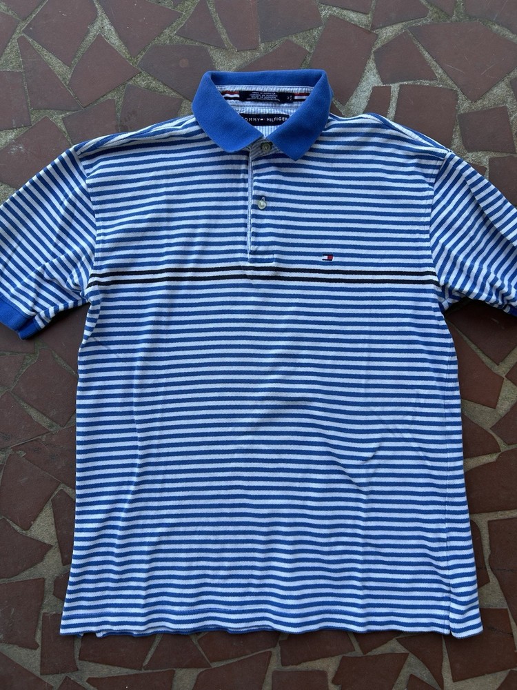 Vintage Tommy Hilfiger Striped Polo Shirt Men’s Medium Red Blue White Logo
