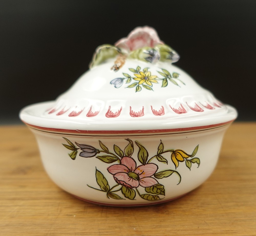 Lallier a Moustiers Lidded Bowl Hand Painted Flowers Flower Knob