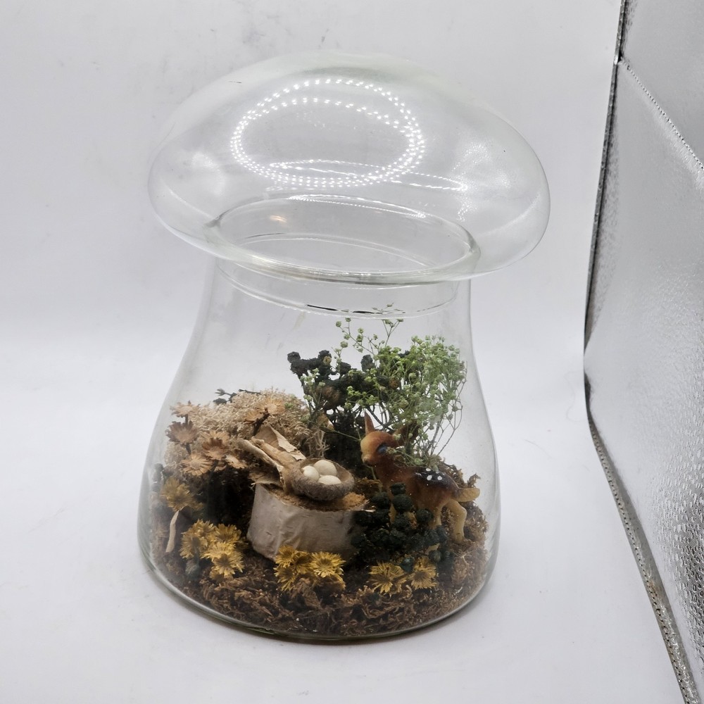 Vintage Glass Mushroom with Woodland Deer and Teranium Flowers