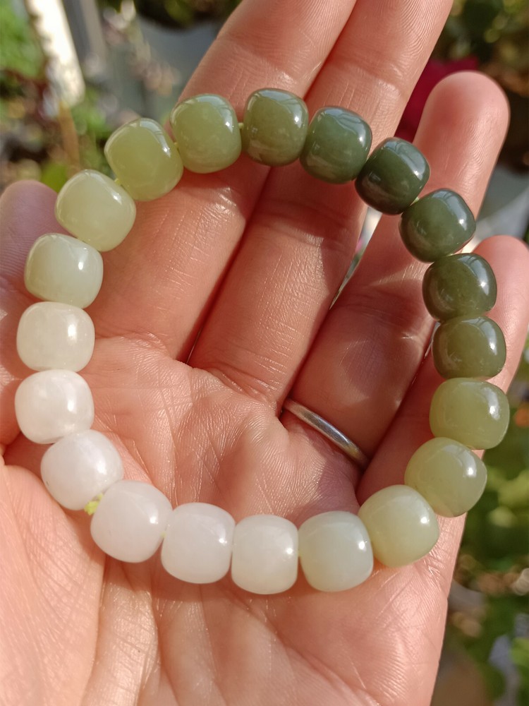 True Hetian Jade Bracelet Gradient Green Jasper 9x10mm with Certificate & Gift Box