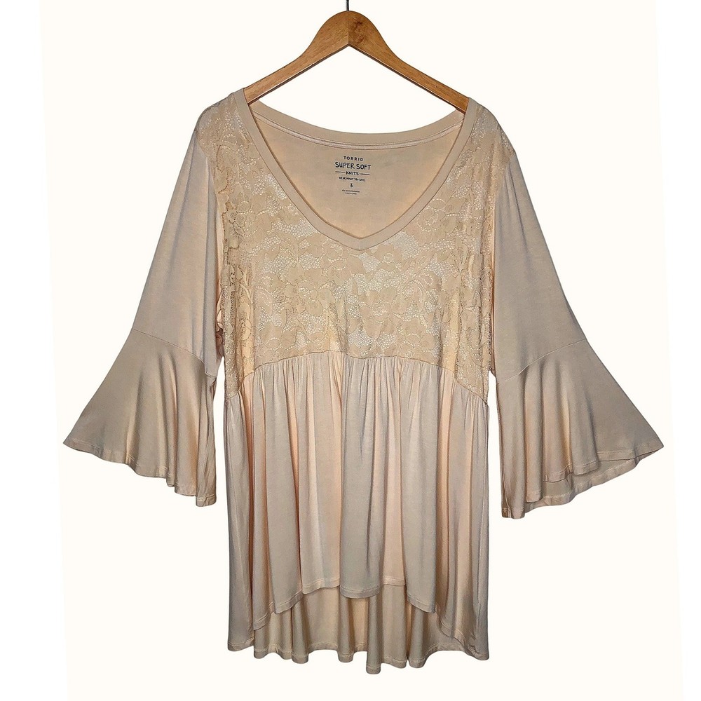 Torrid Super Soft Knits Babydoll Knit V-Neck Lace Flare Sleeve Top 3X Romantic