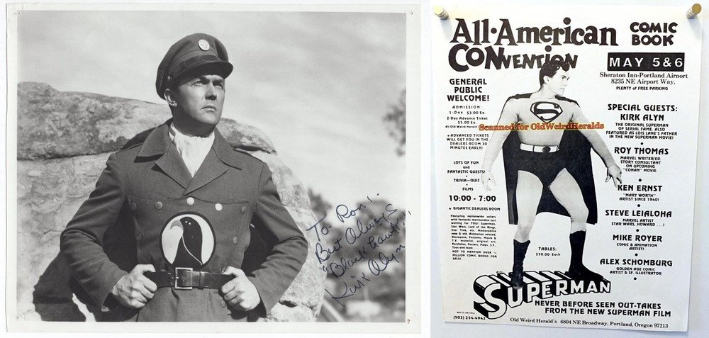 KIRK ALYN SIGNED PHOTO, BLACKHAWK 1940s Movie SERIAL + 1978 Event Flyer SUPERMAN