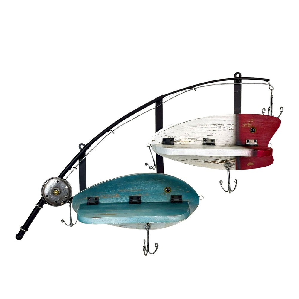 Fishing Pole Wall Shelf with Two Lure Shelves Rustic Metal Wood Zeckos 24