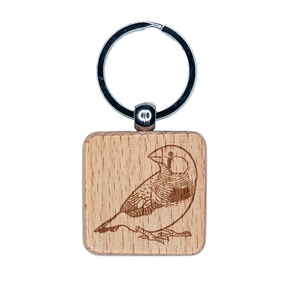 Happy Zebra Finch Bird Engraved Wood Square Keychain Tag Charm