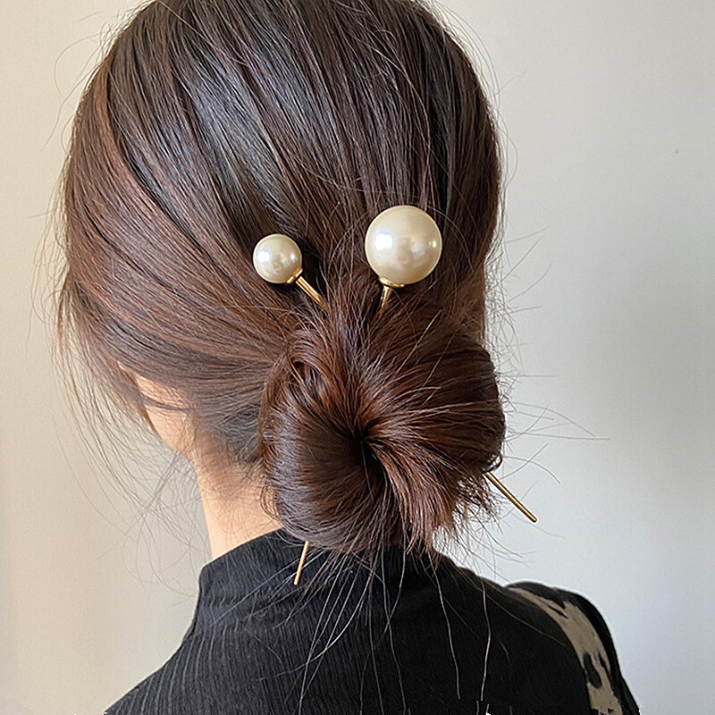Elegant Pearl Hair Stick Metal Hairpin Clip for Women