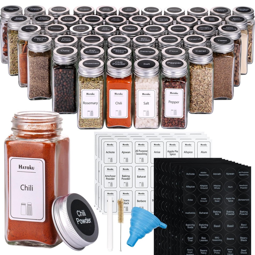 48 Pack Glass Spice Jars with Lids and 400 Labels for Organized Kitchen Storage