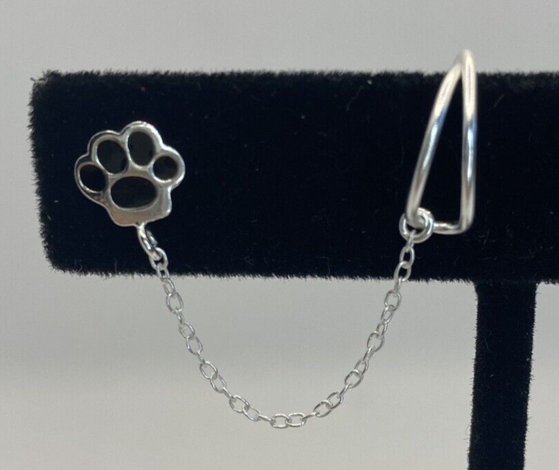Sterling Silver Paw Print Stud Earring with Twist Cuff for Women and Teens