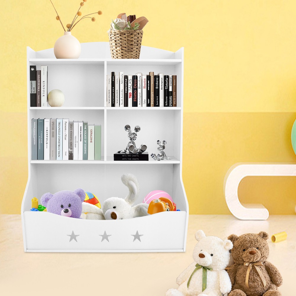 White Kids Toy Storage Bin with Bookcase Shelf for Playroom Organization