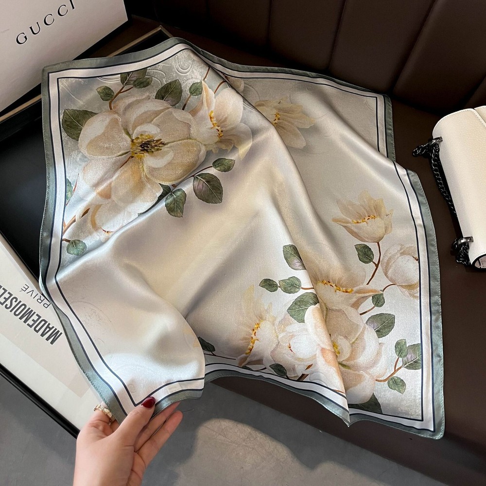 100% Silk 21-Inch Vintage Scarf for Women Floral White Head Wrap Turban Kerchief